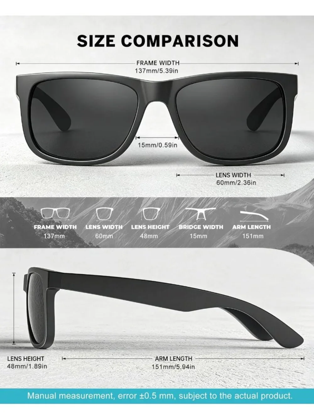Polarized Sunglasses for Men & Women - Classic Matte Black Frame, UV Protection